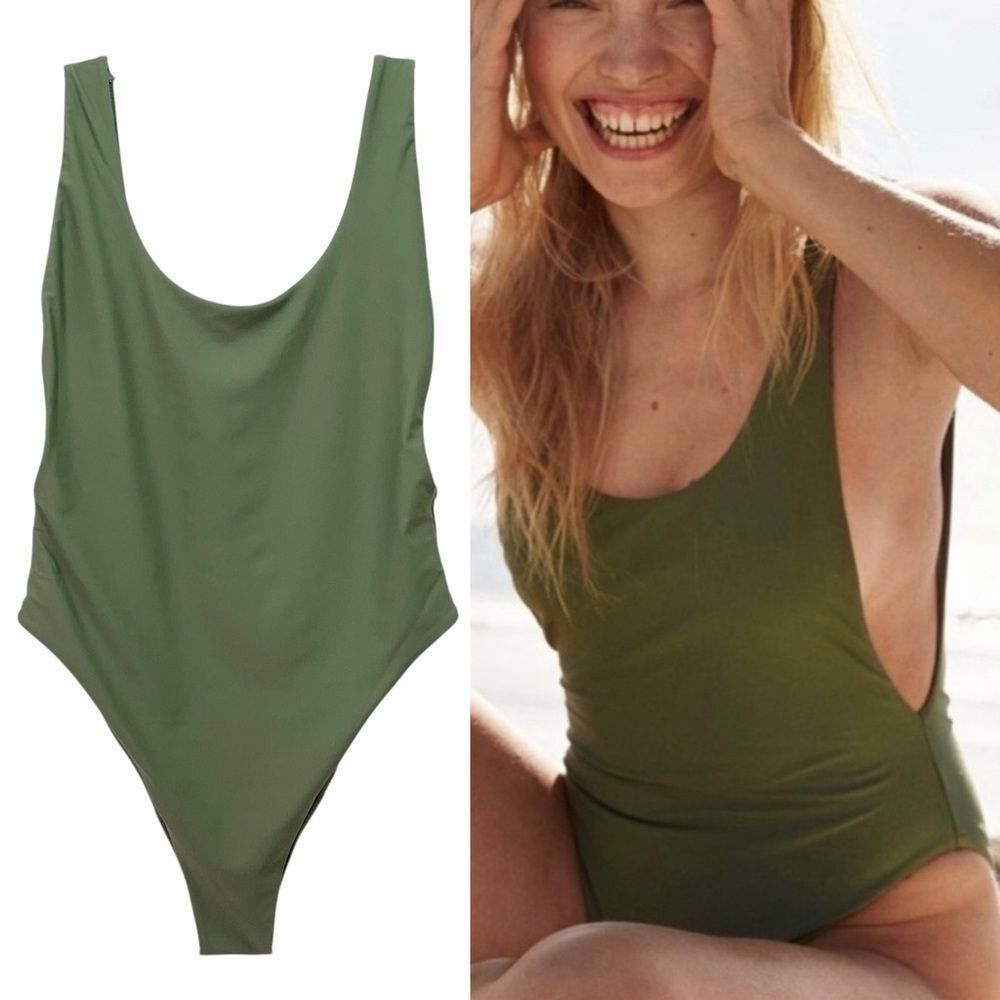 Aerie Super Scoop One Piece Swimsuit Size XL Olive Green Hi Cut Cheeky Swimwear